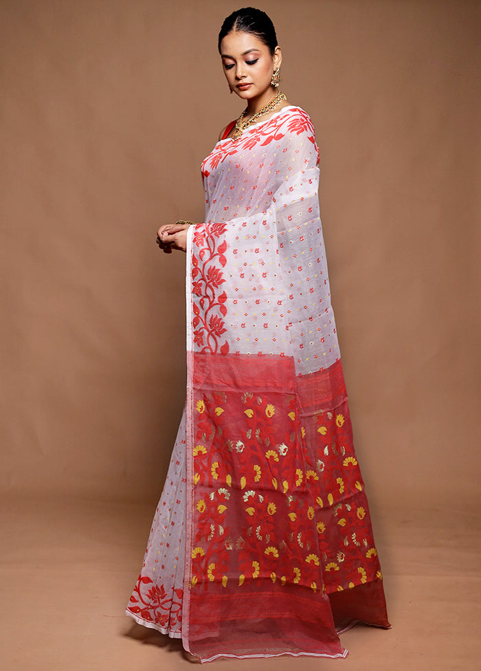 White Tant Jamdani Saree Without Blouse Piece