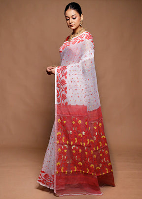 White Tant Jamdani Saree Without Blouse Piece