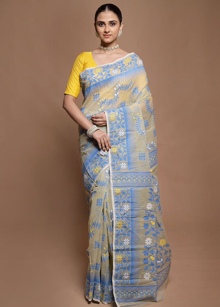 Green Tant Jamdani Saree Without Blouse Piece