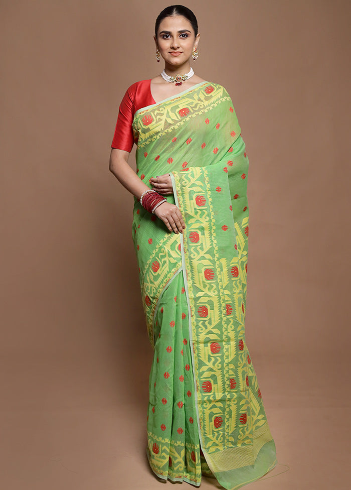 Green Tant Jamdani Saree Without Blouse Piece