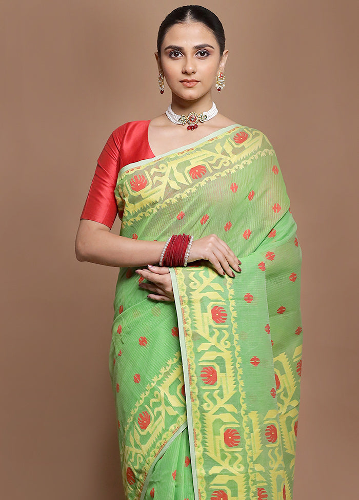 Green Tant Jamdani Saree Without Blouse Piece