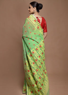 Green Tant Jamdani Saree Without Blouse Piece
