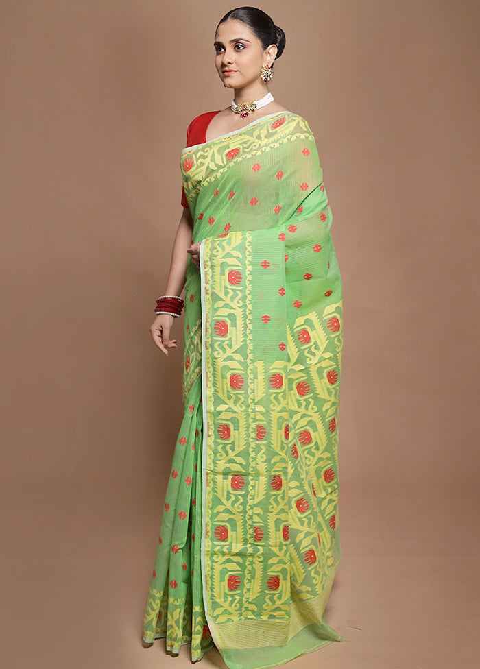 Green Tant Jamdani Saree Without Blouse Piece