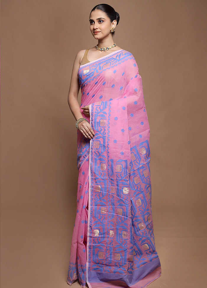 Pink Tant Jamdani Saree Without Blouse Piece