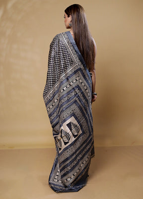 Blue Printed Pure Silk Saree Without Blouse Piece