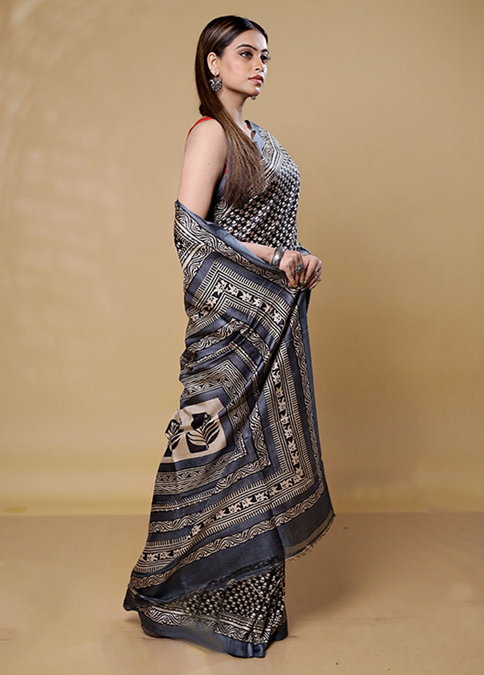 Blue Printed Pure Silk Saree Without Blouse Piece