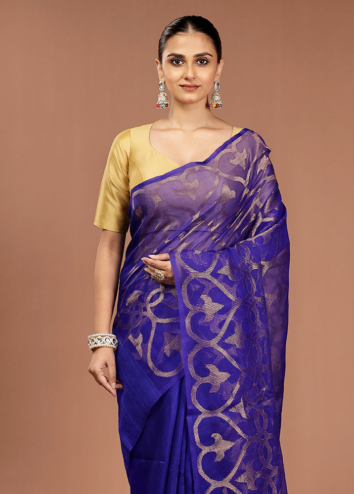 Blue Handloom Matka Pure Silk Saree With Blouse Piece