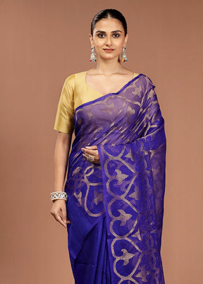 Blue Handloom Matka Pure Silk Saree With Blouse Piece