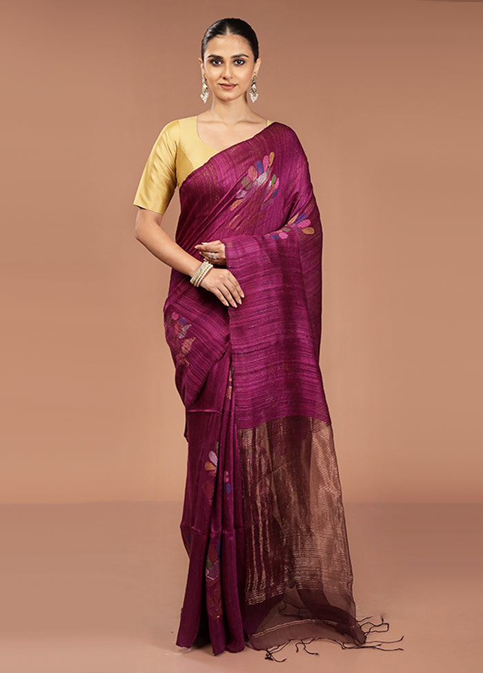 Purple Handloom Matka Pure Silk Saree With Blouse Piece