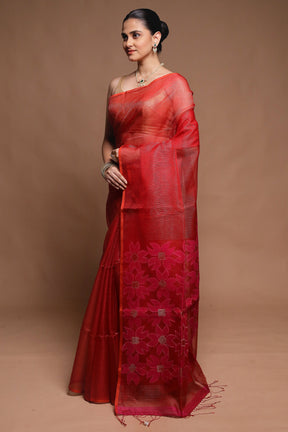 Red Handloom Matka Pure Silk Saree With Blouse Piece