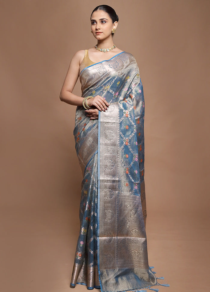 Blue Tissue Silk Saree With Blouse Piece