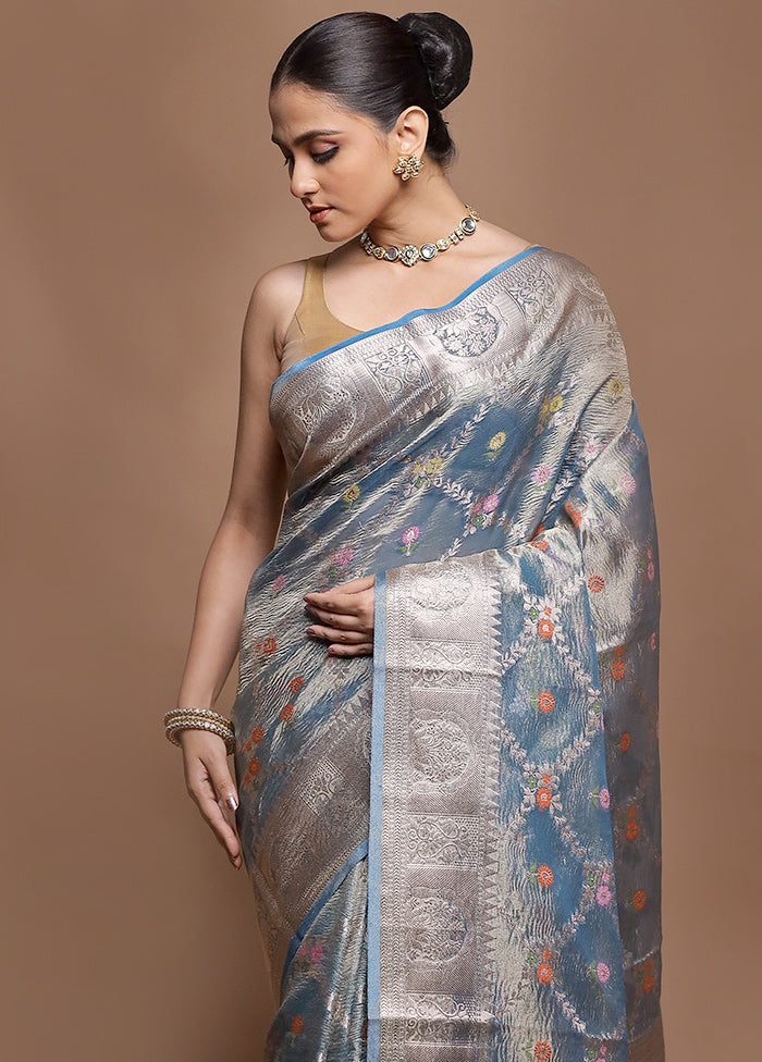 Blue Tissue Silk Saree With Blouse Piece