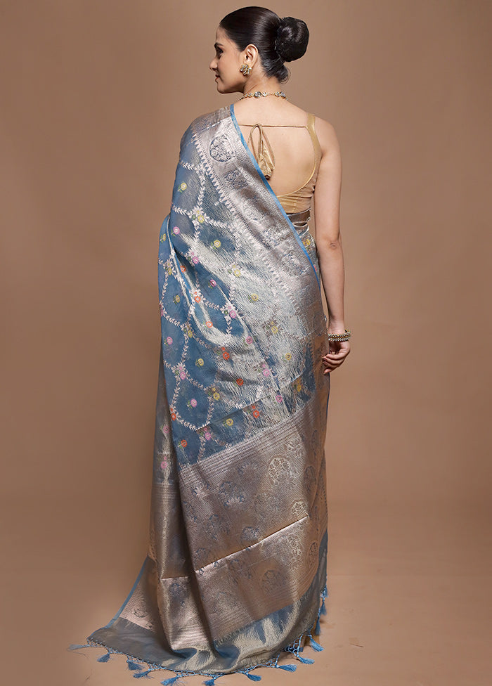 Blue Tissue Silk Saree With Blouse Piece