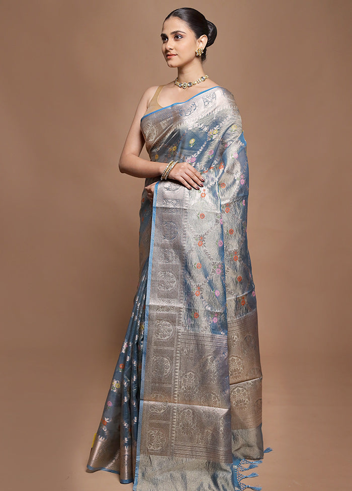 Blue Tissue Silk Saree With Blouse Piece