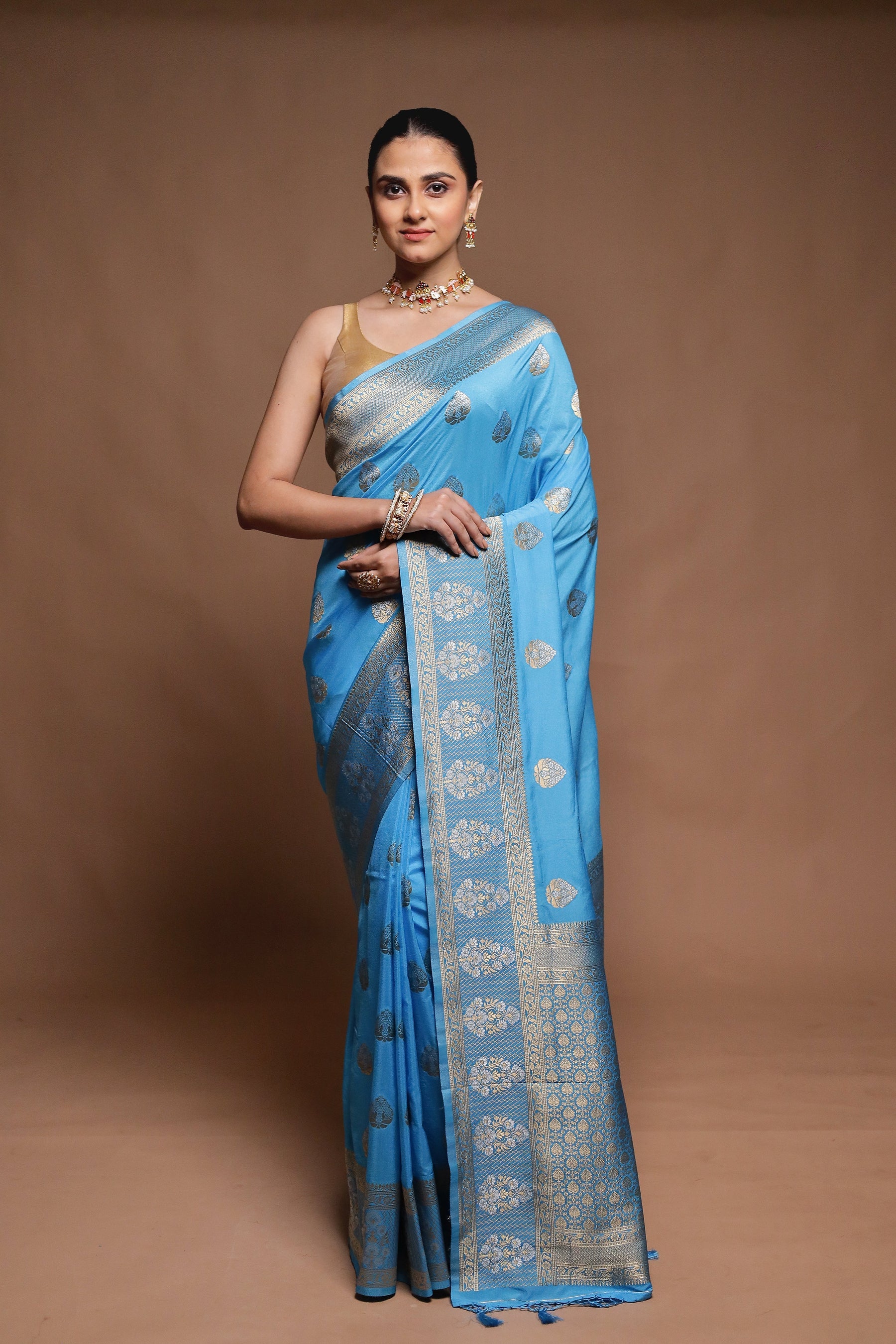 Blue Dupion Silk Saree With Blouse Piece