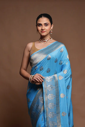 Blue Dupion Silk Saree With Blouse Piece