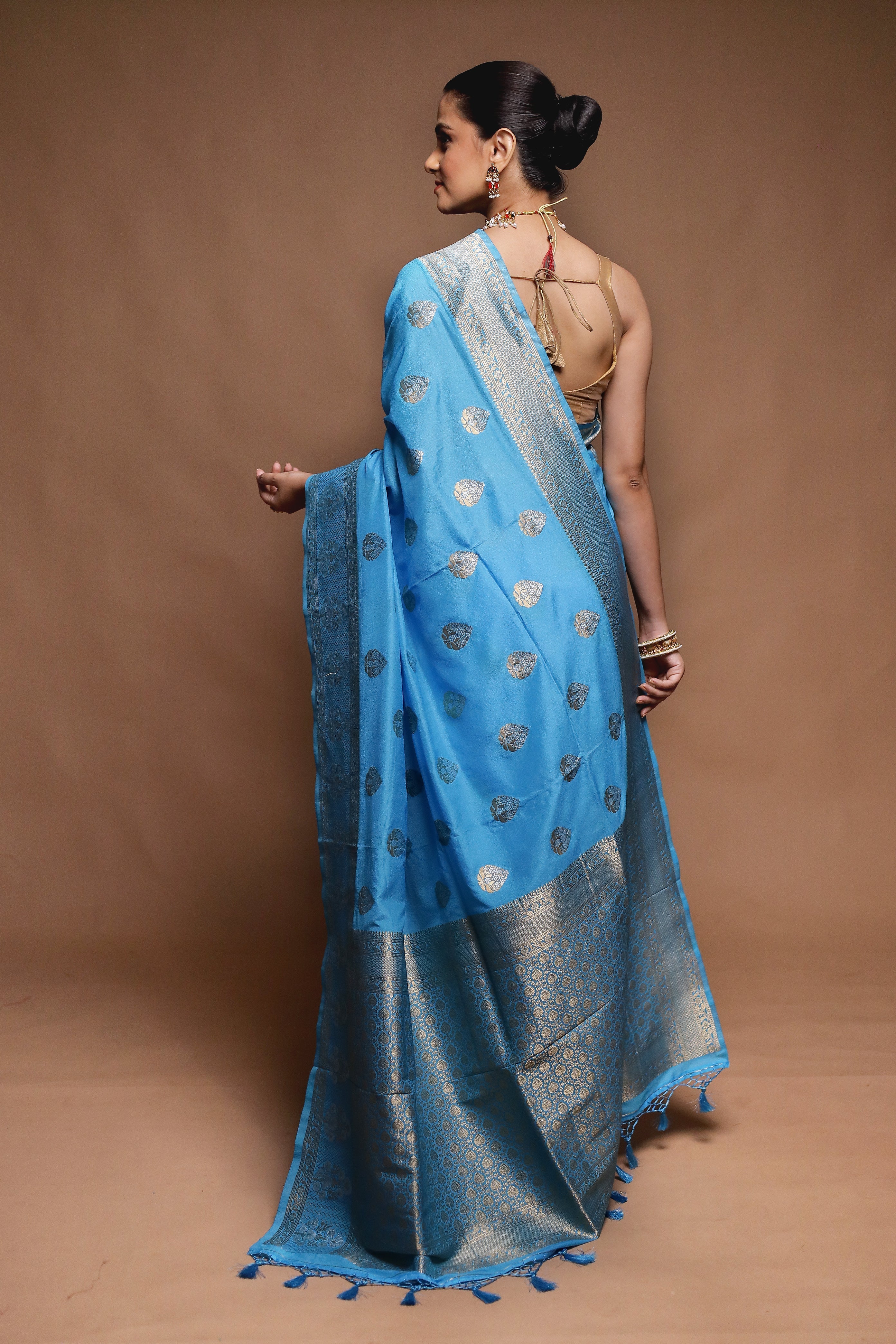 Blue Dupion Silk Saree With Blouse Piece