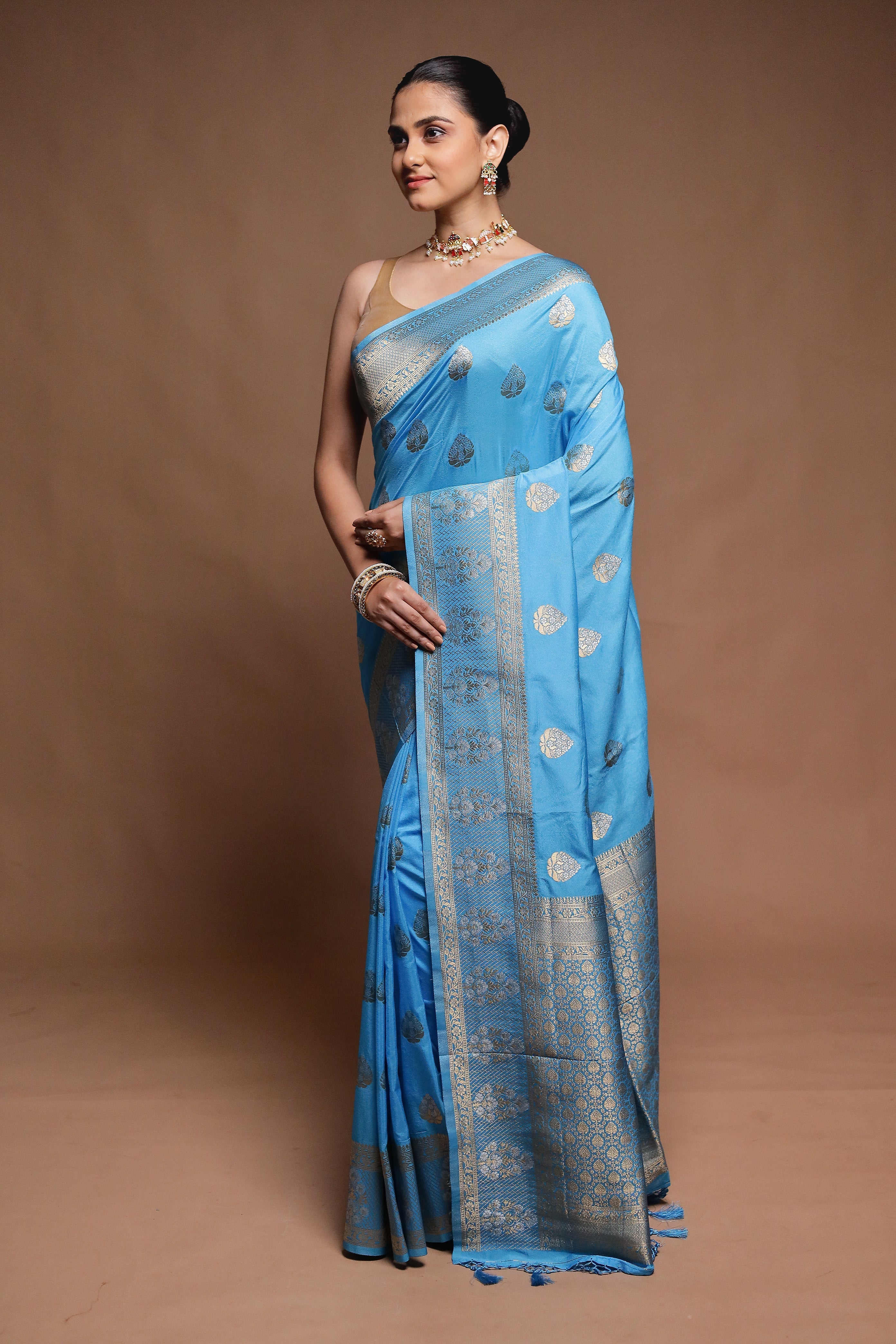 Blue Dupion Silk Saree With Blouse Piece