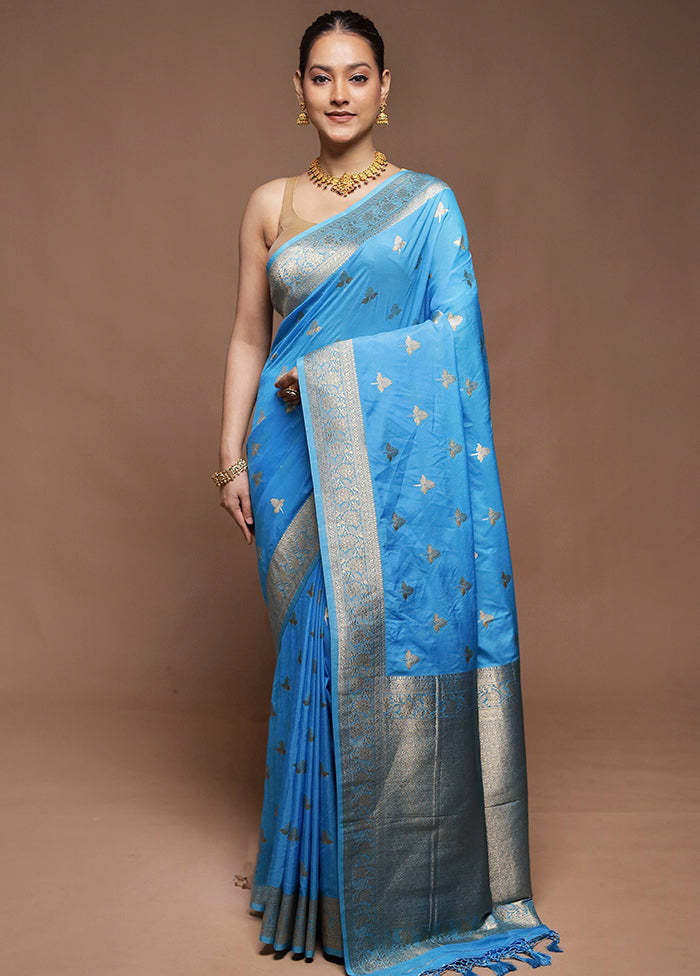 Blue Dupion Silk Saree With Blouse Piece