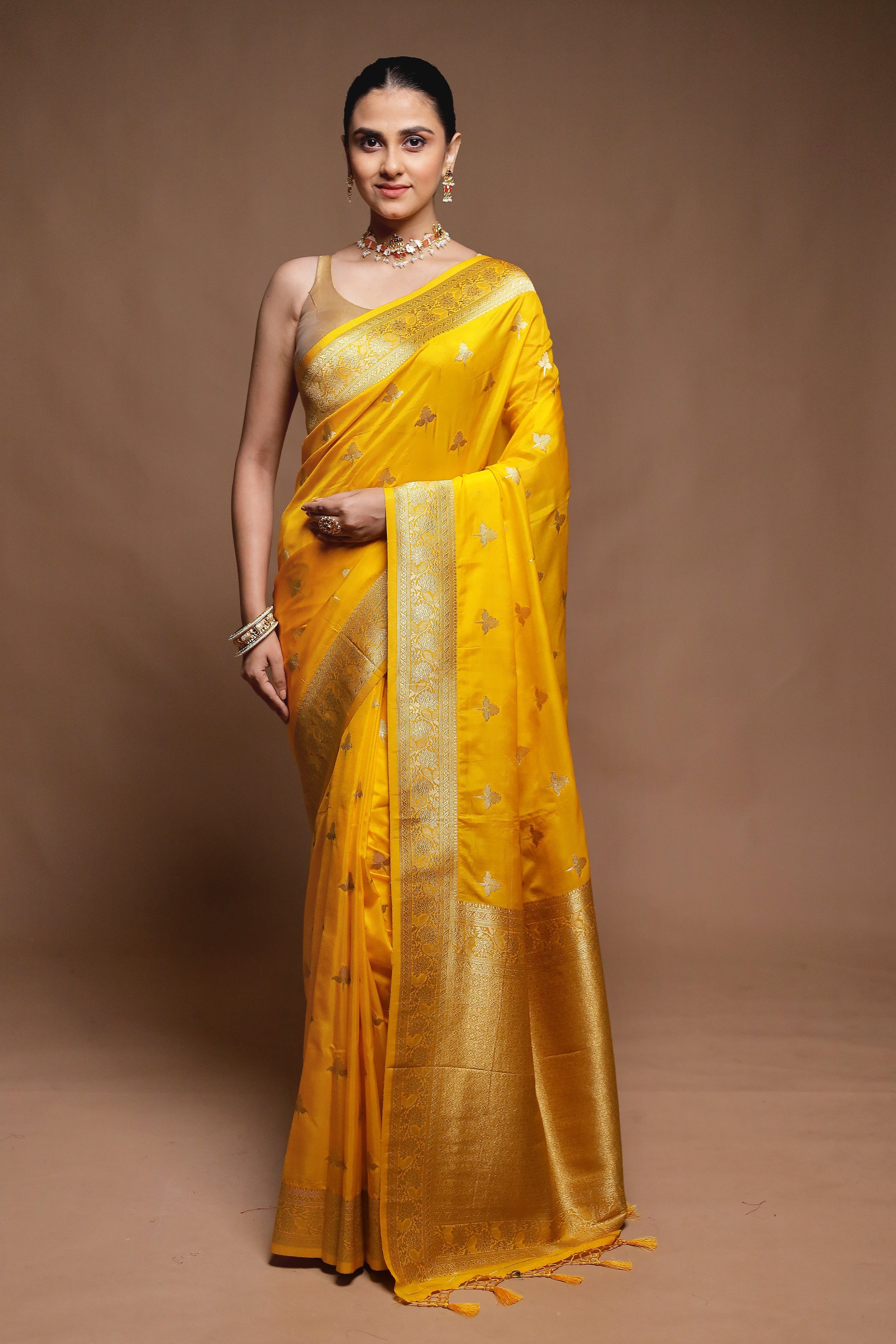 Yellow Dupion Silk Saree With Blouse Piece