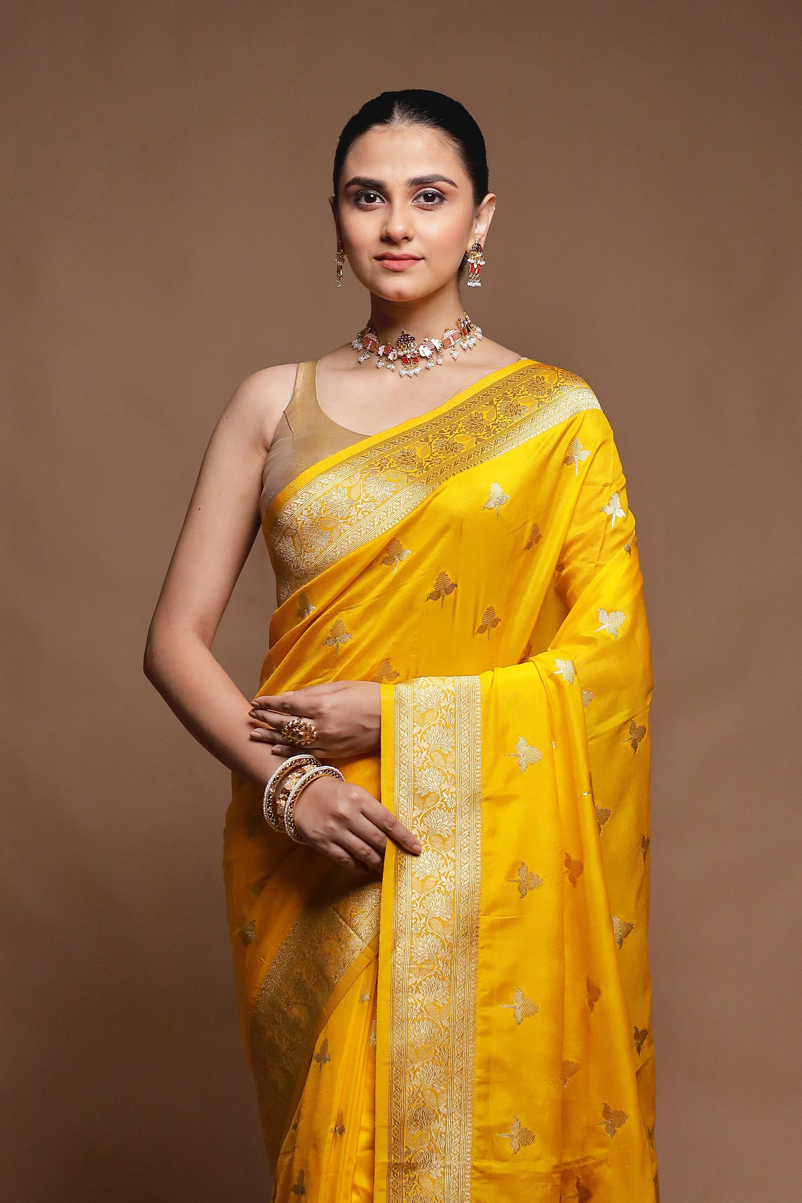 Yellow Dupion Silk Saree With Blouse Piece