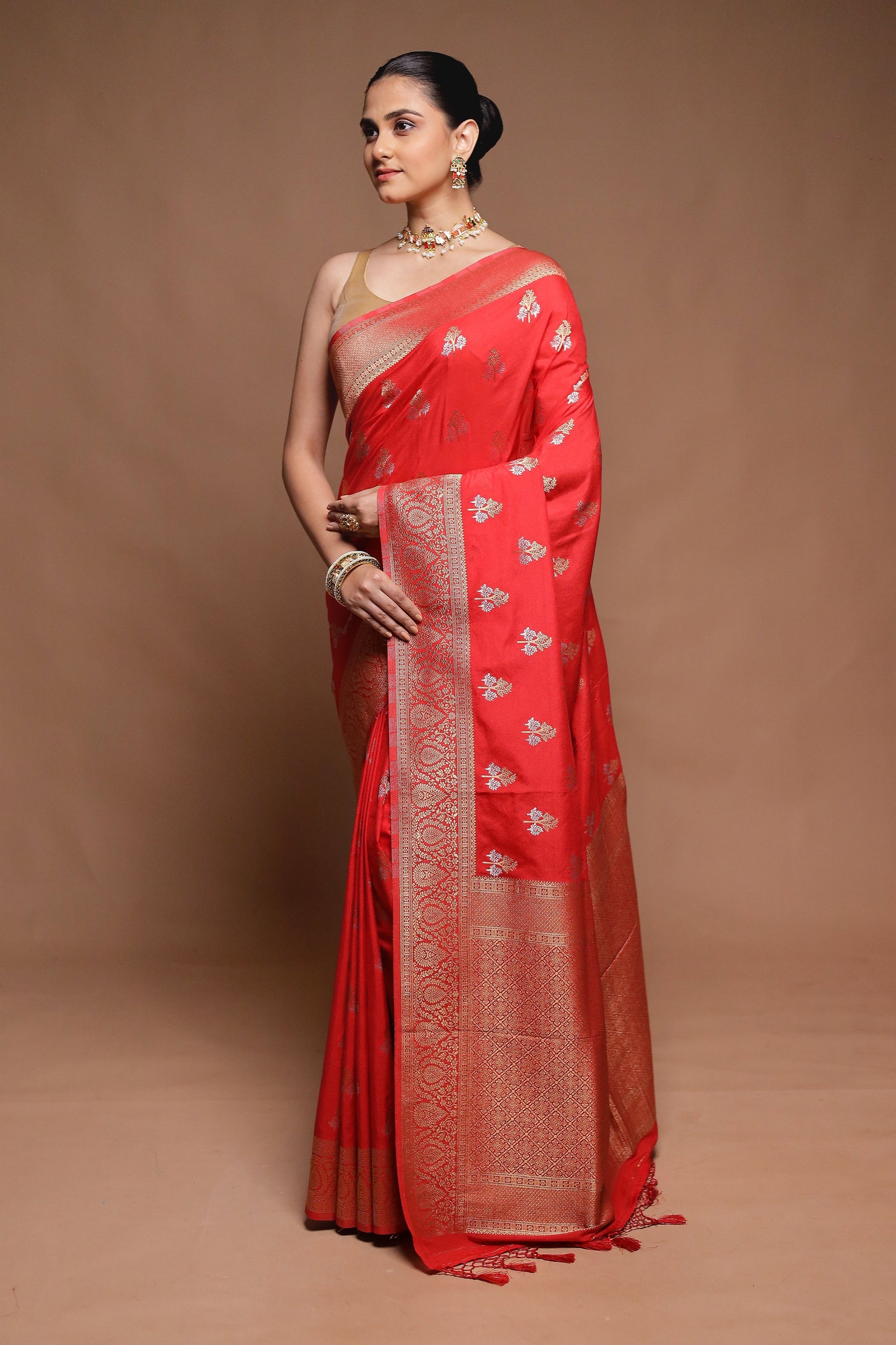 Red Dupion Silk Saree With Blouse Piece