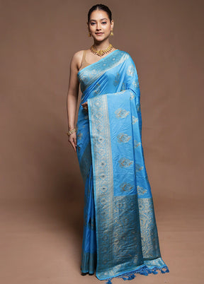Blue Dupion Silk Saree With Blouse Piece