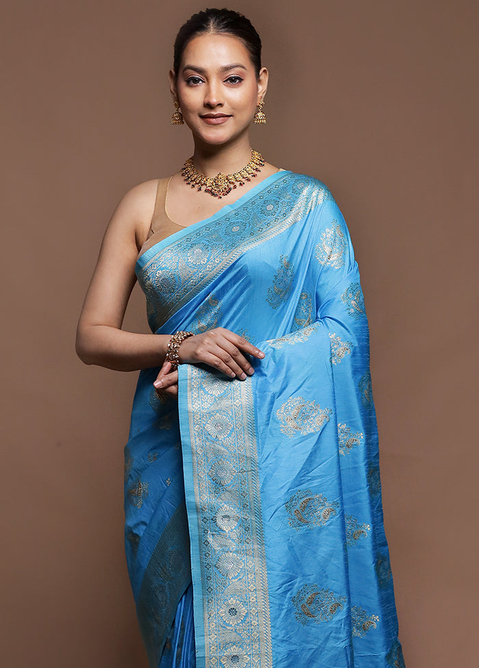 Blue Dupion Silk Saree With Blouse Piece