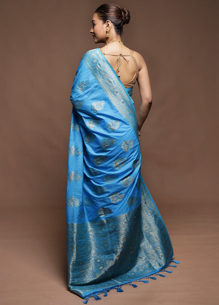 Blue Dupion Silk Saree With Blouse Piece