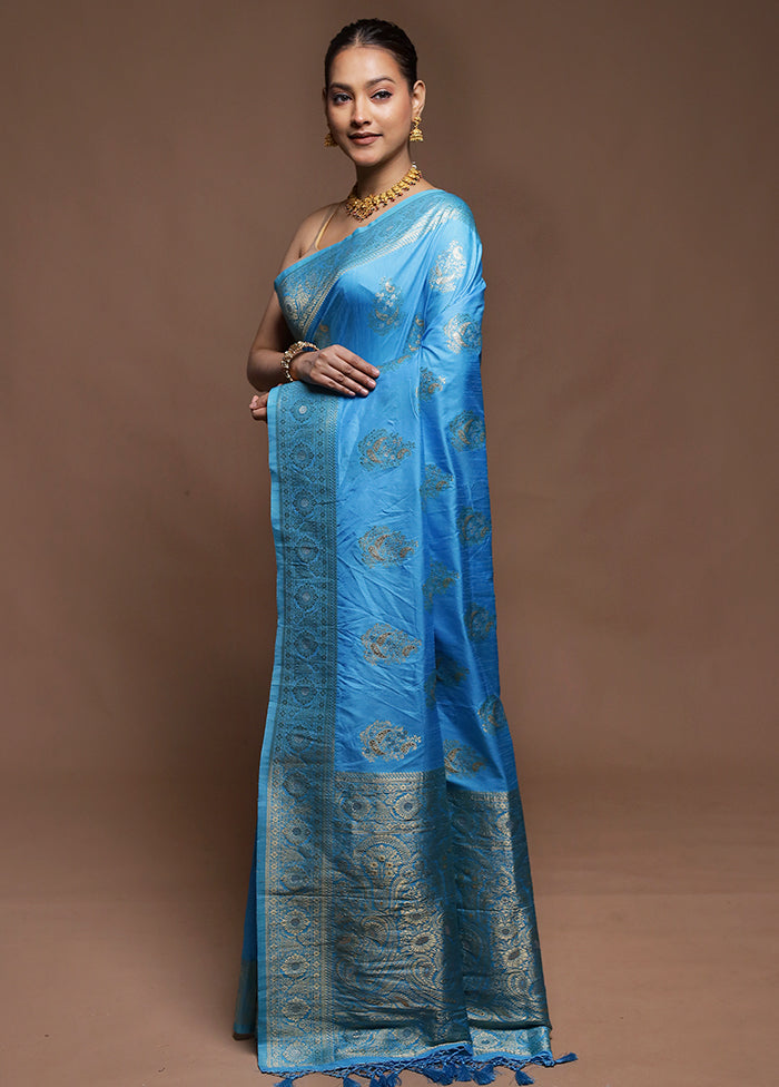 Blue Dupion Silk Saree With Blouse Piece