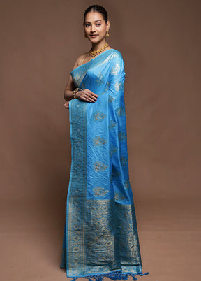Blue Dupion Silk Saree With Blouse Piece
