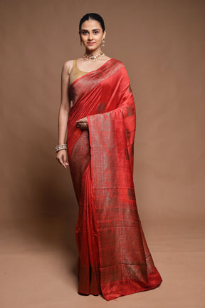 Rust Handloom Tussar Pure Silk Saree With Blouse Piece