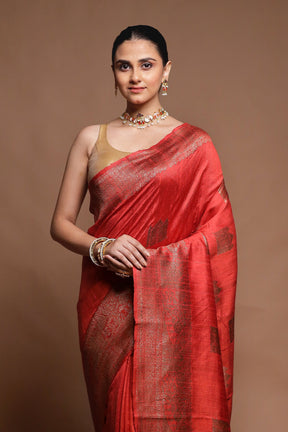 Rust Handloom Tussar Pure Silk Saree With Blouse Piece