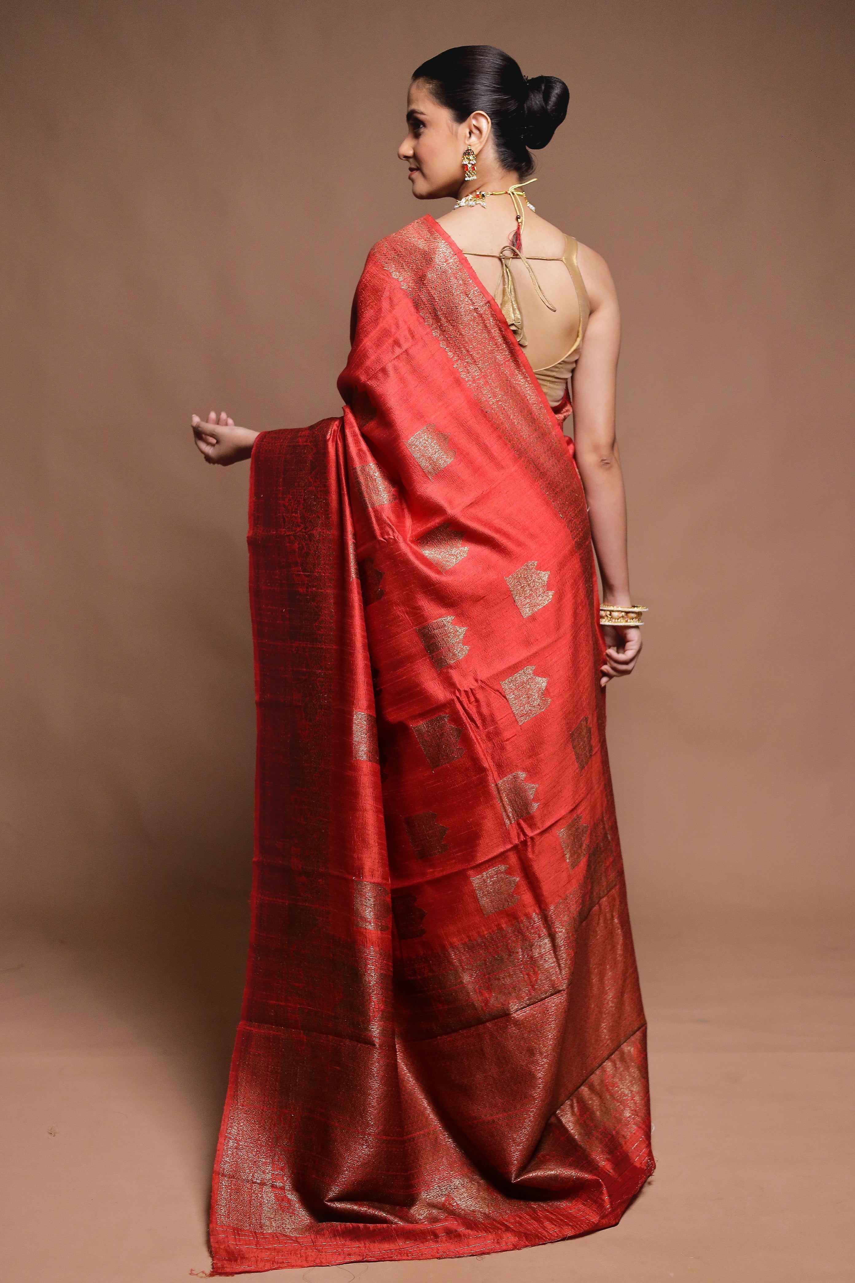 Rust Handloom Tussar Pure Silk Saree With Blouse Piece