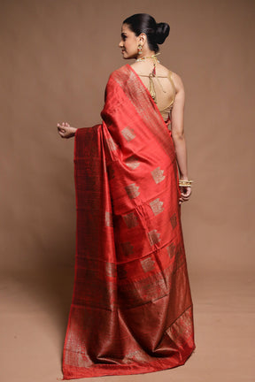 Rust Handloom Tussar Pure Silk Saree With Blouse Piece