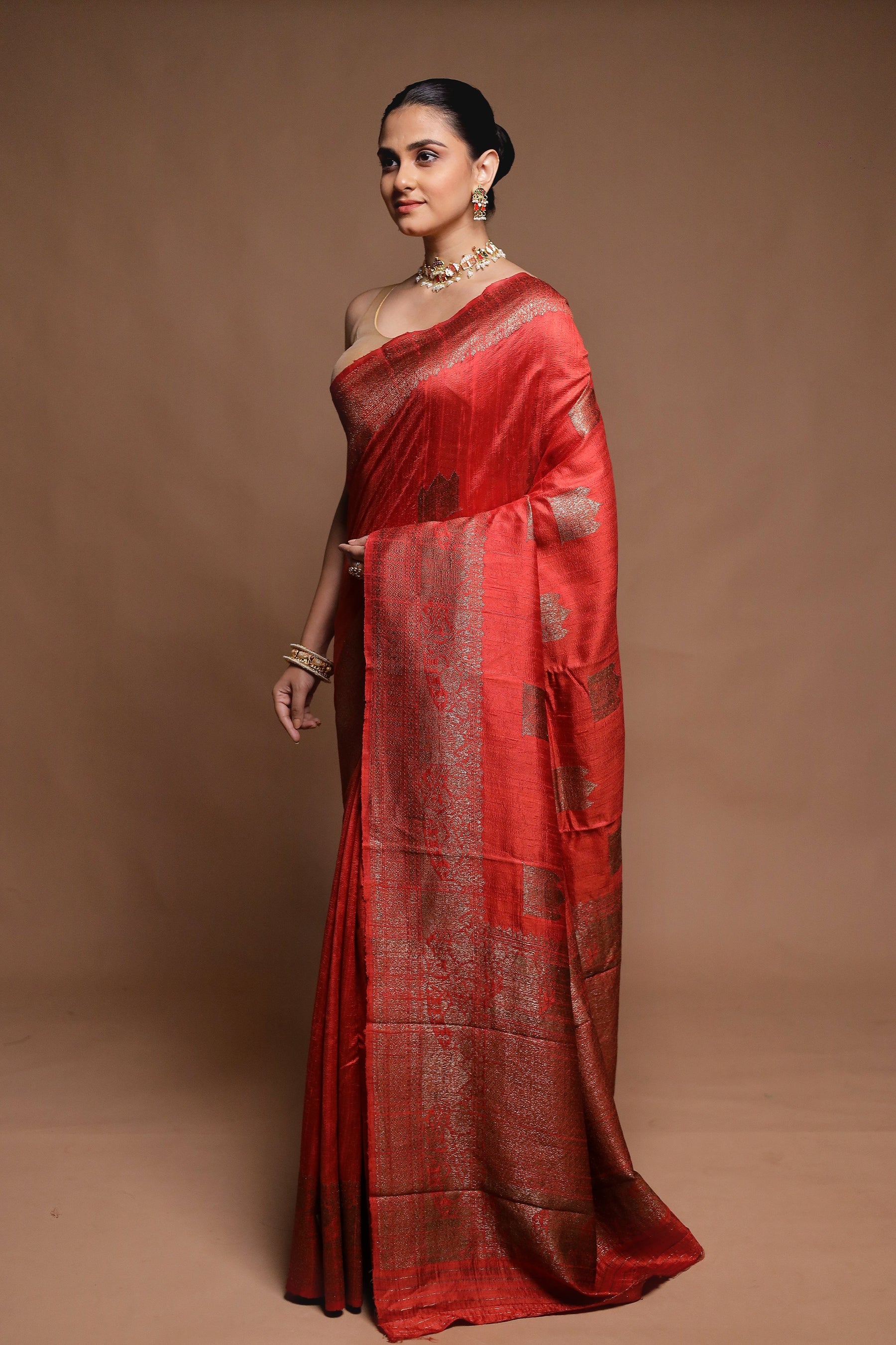 Rust Handloom Tussar Pure Silk Saree With Blouse Piece