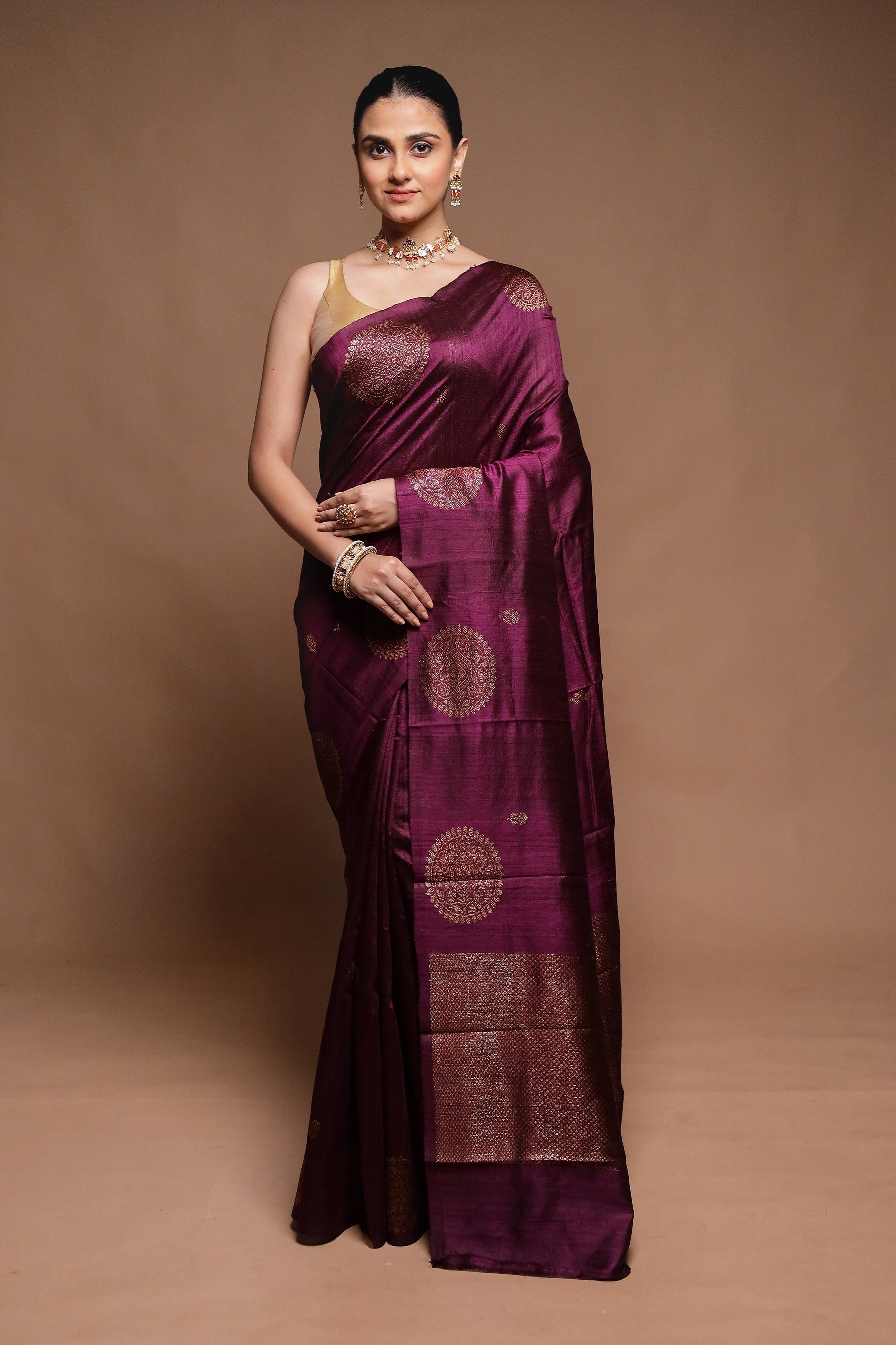 Wine Handloom Tussar Pure Silk Saree With Blouse Piece