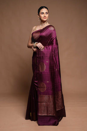Wine Handloom Tussar Pure Silk Saree With Blouse Piece