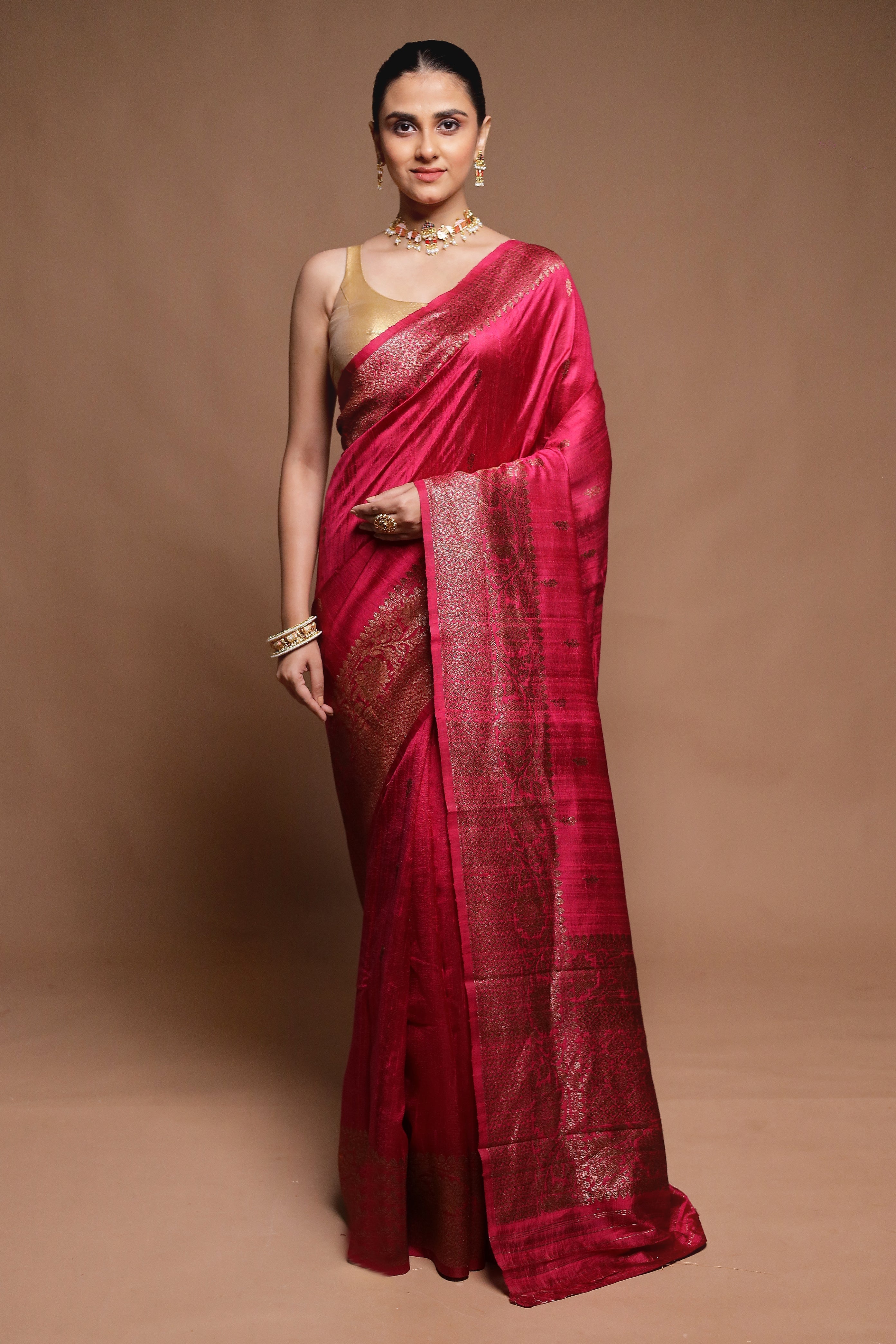 Pink Handloom Tussar Pure Silk Saree With Blouse Piece