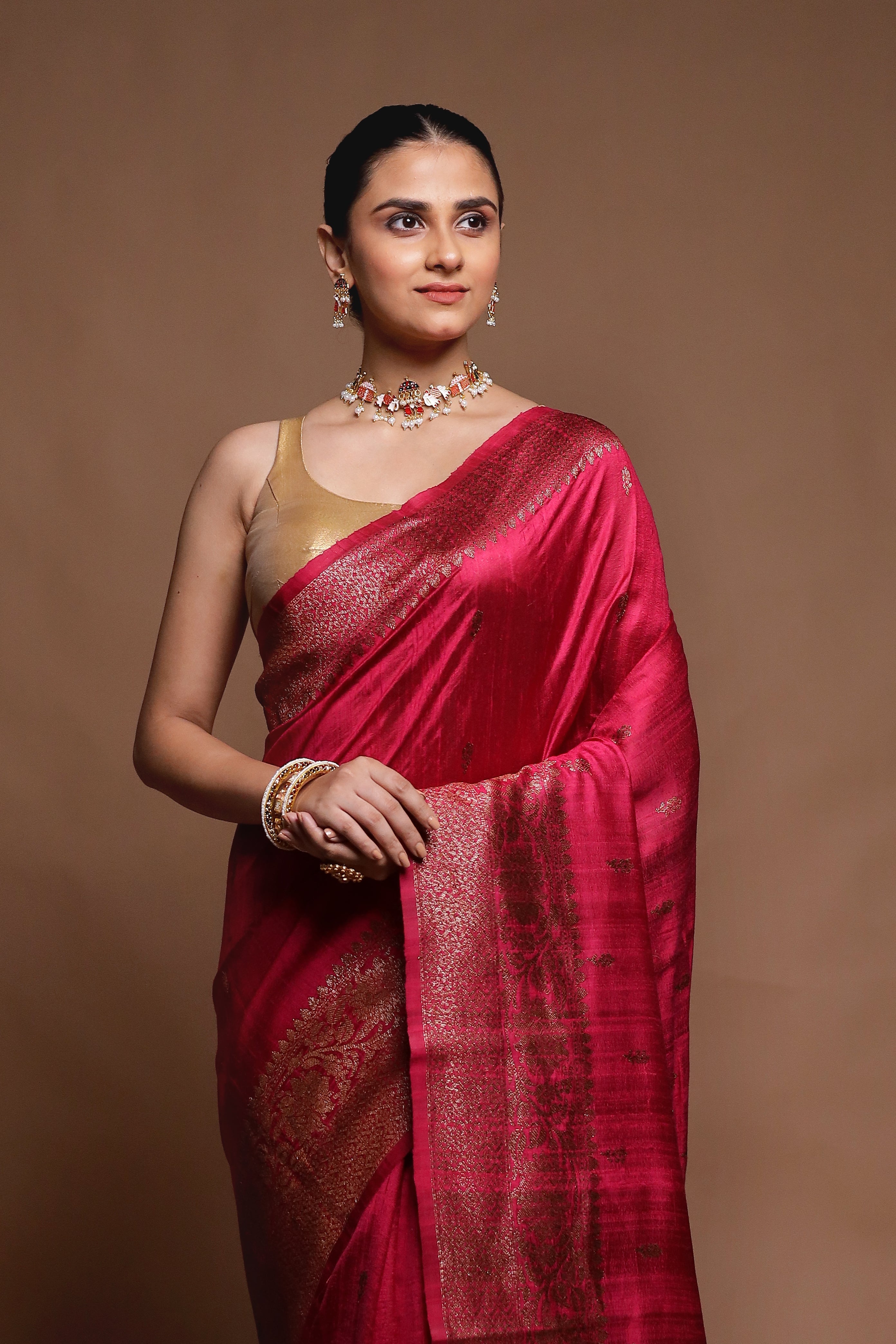 Pink Handloom Tussar Pure Silk Saree With Blouse Piece