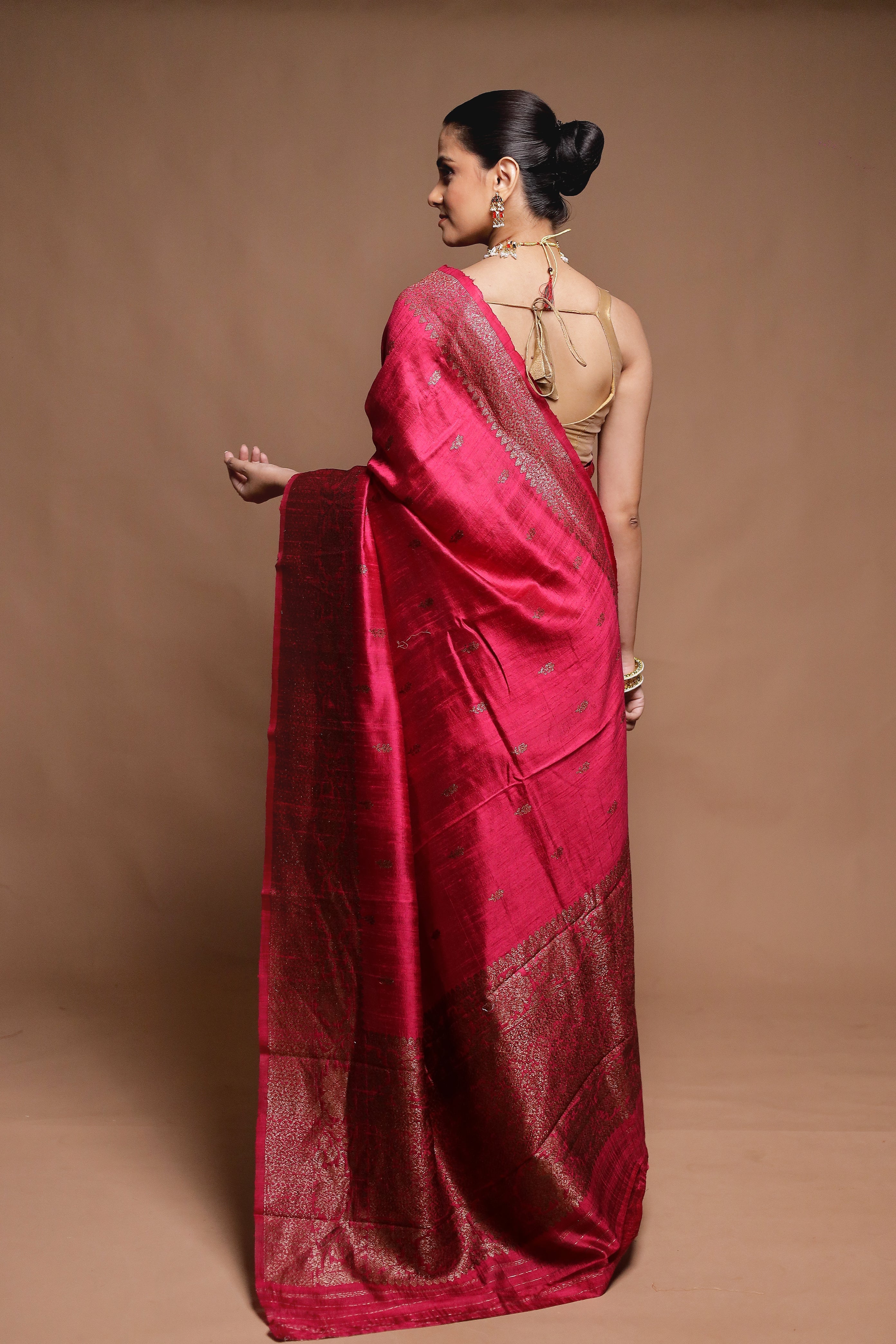 Pink Handloom Tussar Pure Silk Saree With Blouse Piece