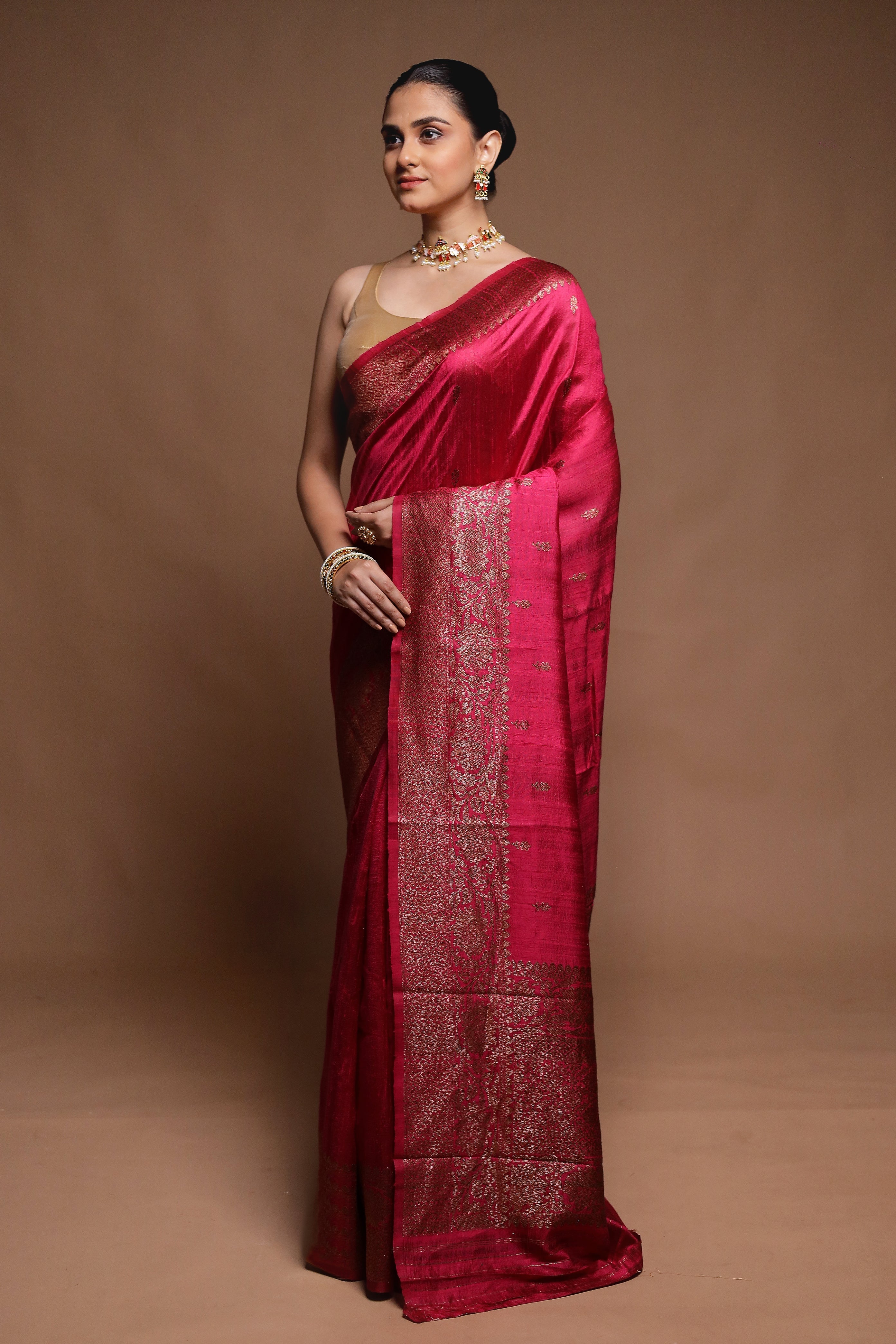 Pink Handloom Tussar Pure Silk Saree With Blouse Piece
