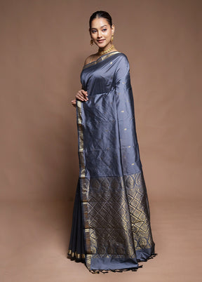 Grey Kanjivaram Silk Saree With Blouse Piece