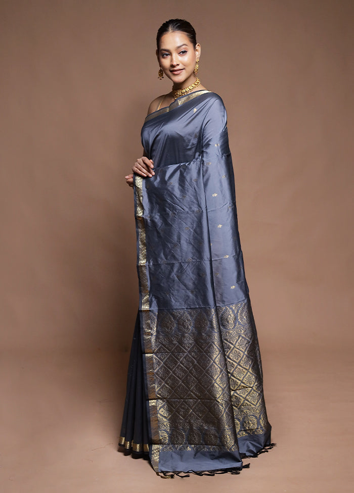 Grey Kanjivaram Silk Saree With Blouse Piece