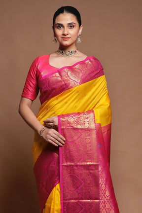 Yellow Kanjivaram Silk Saree With Blouse Piece