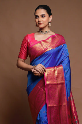 Blue Kanjivaram Silk Saree With Blouse Piece