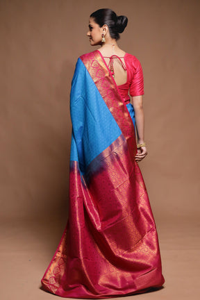 Blue Kanjivaram Silk Saree With Blouse Piece