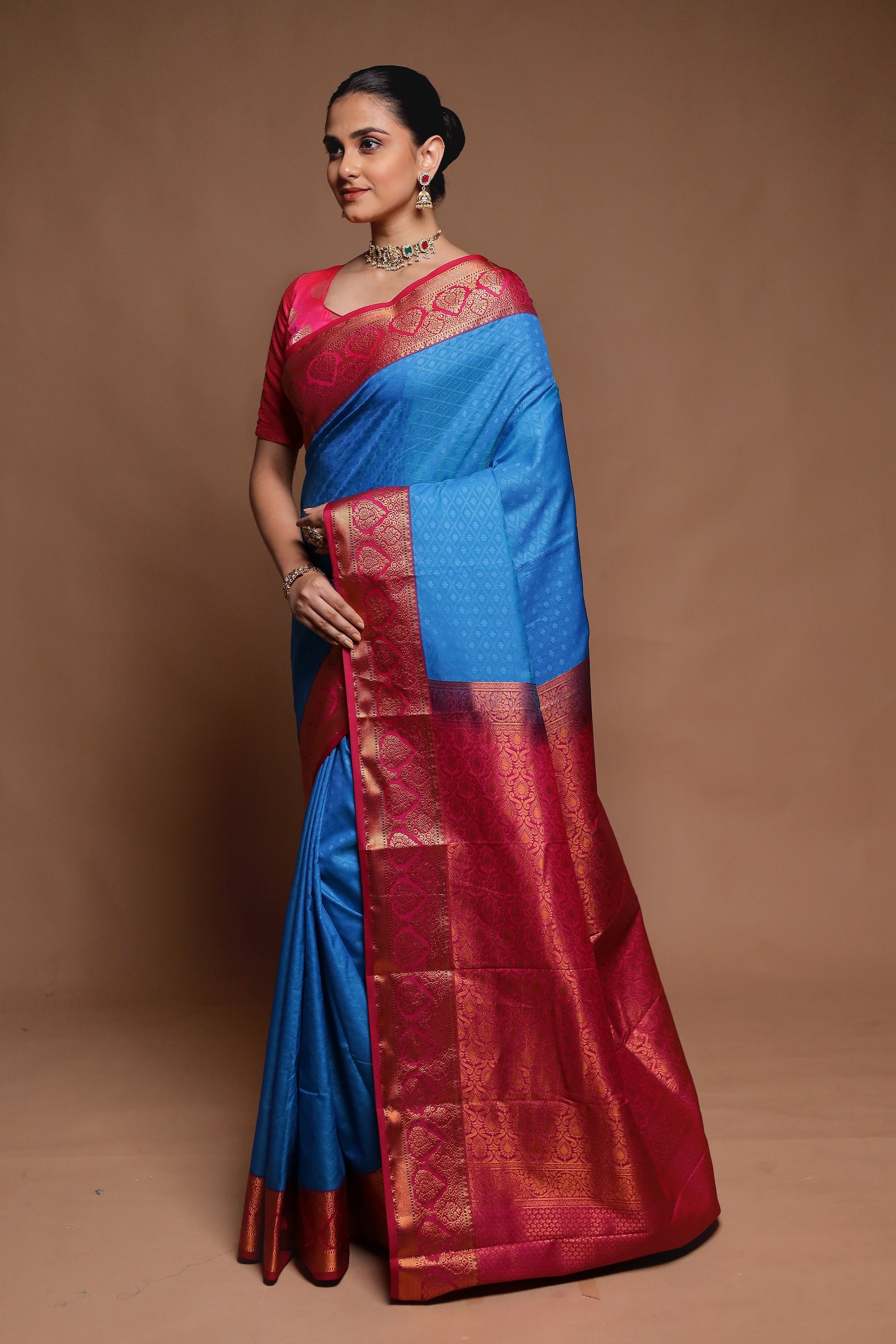 Blue Kanjivaram Silk Saree With Blouse Piece