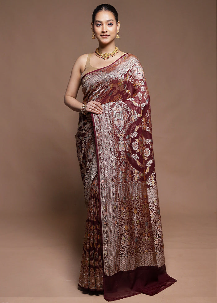 Maroon Handloom Pure Georgette Saree With Blouse Piece