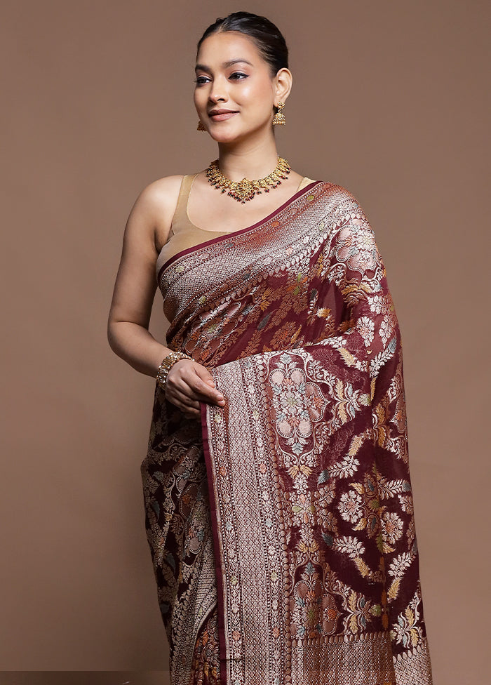 Maroon Handloom Pure Georgette Saree With Blouse Piece